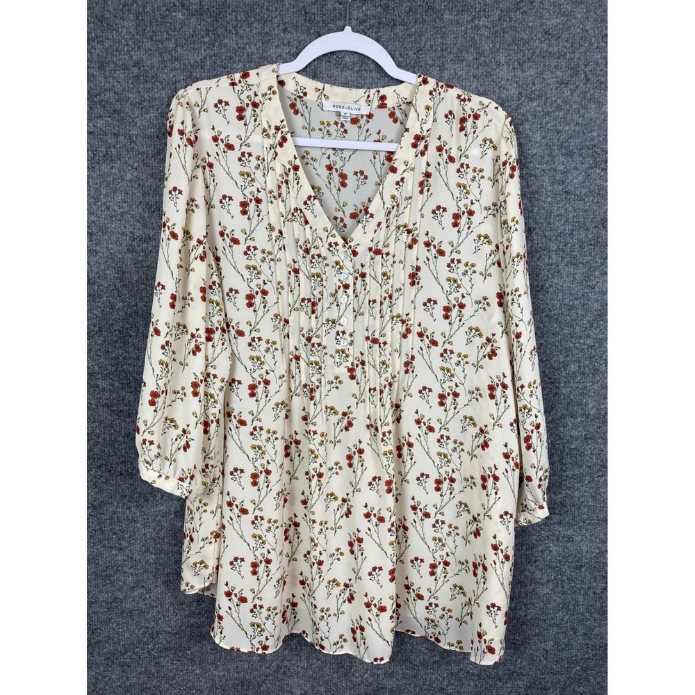 Rose + Olive Blouse Women 1X Cream Floral Excellent Pintuck 3/4 Sleeve Top